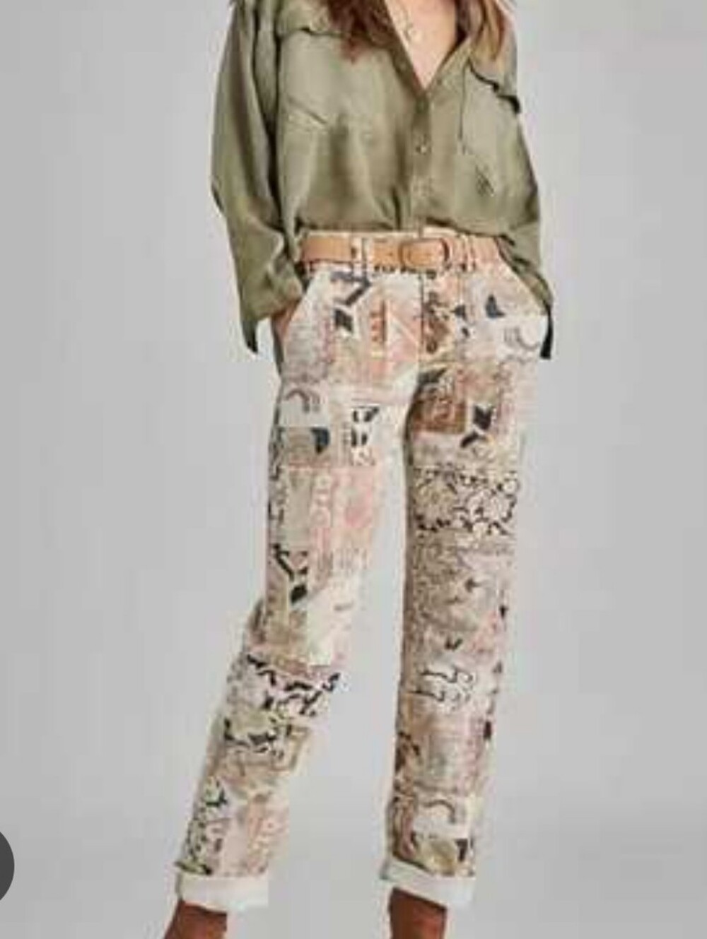 Anthropologie Cotton Patchwork Straight-Leg Pants - Multi Neutral & Pink